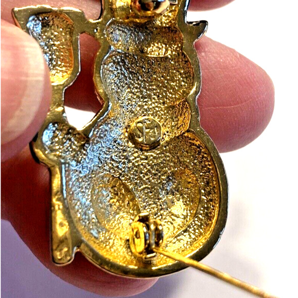 Signed SFJ Christmas Brooch Goldtone Snowman Red Green Festive Fun Holiday Pin - Picture 4 of 6
